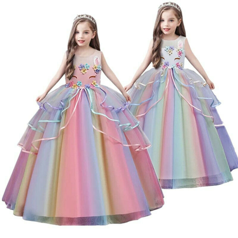 Rainbow Flower Girl Unicorn Long Gown Baby Kids Birthday Party Dresses Size 5-14