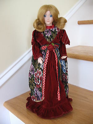 Porcelain China Doll Angel Red Velour Tapestry Dress W Stand Big Blue Eyes 15"