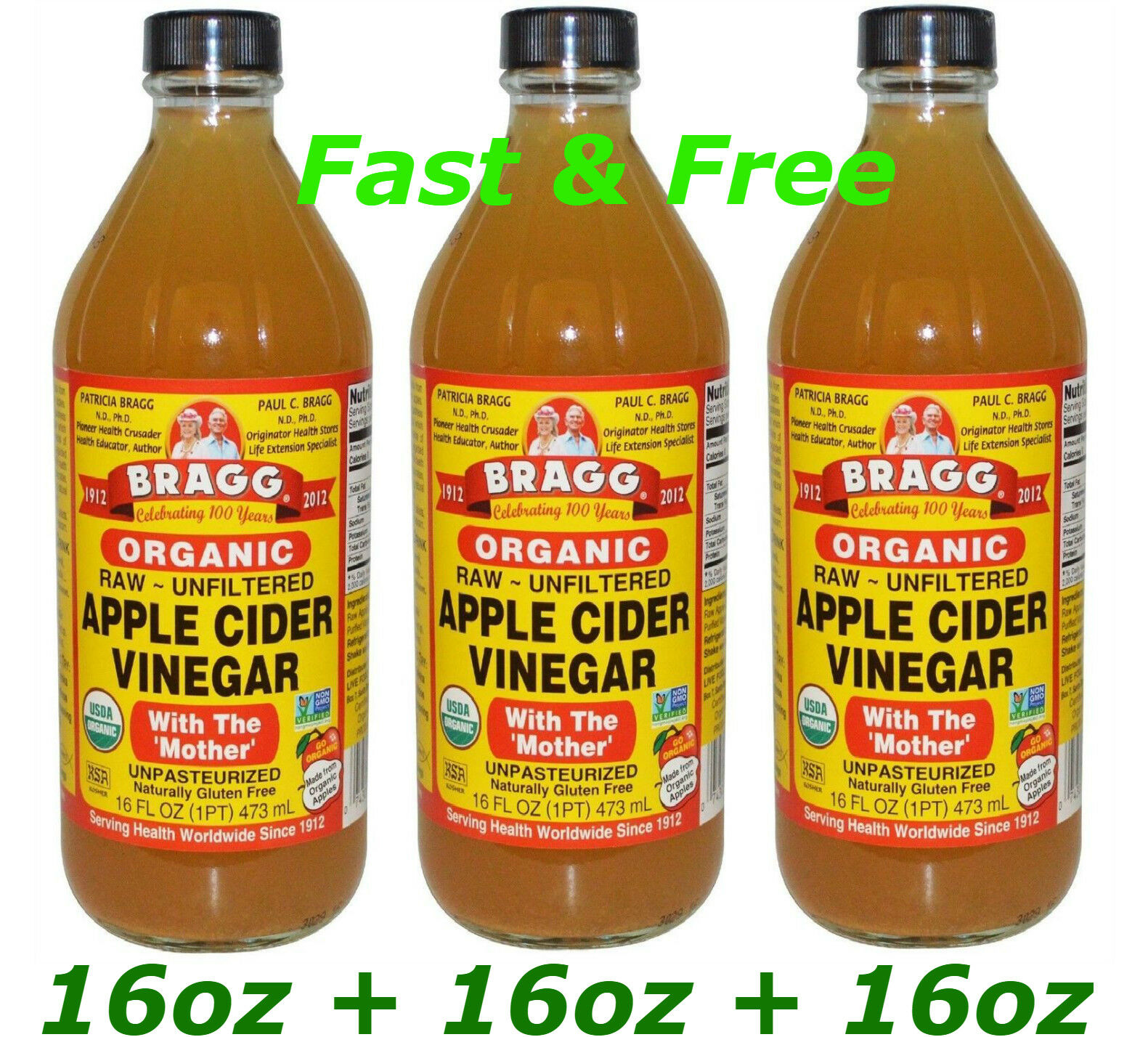 Bragg Apple Cider Vinegar With Mother Organic Raw Unfiltered Usda 16 Oz X 3 Pack