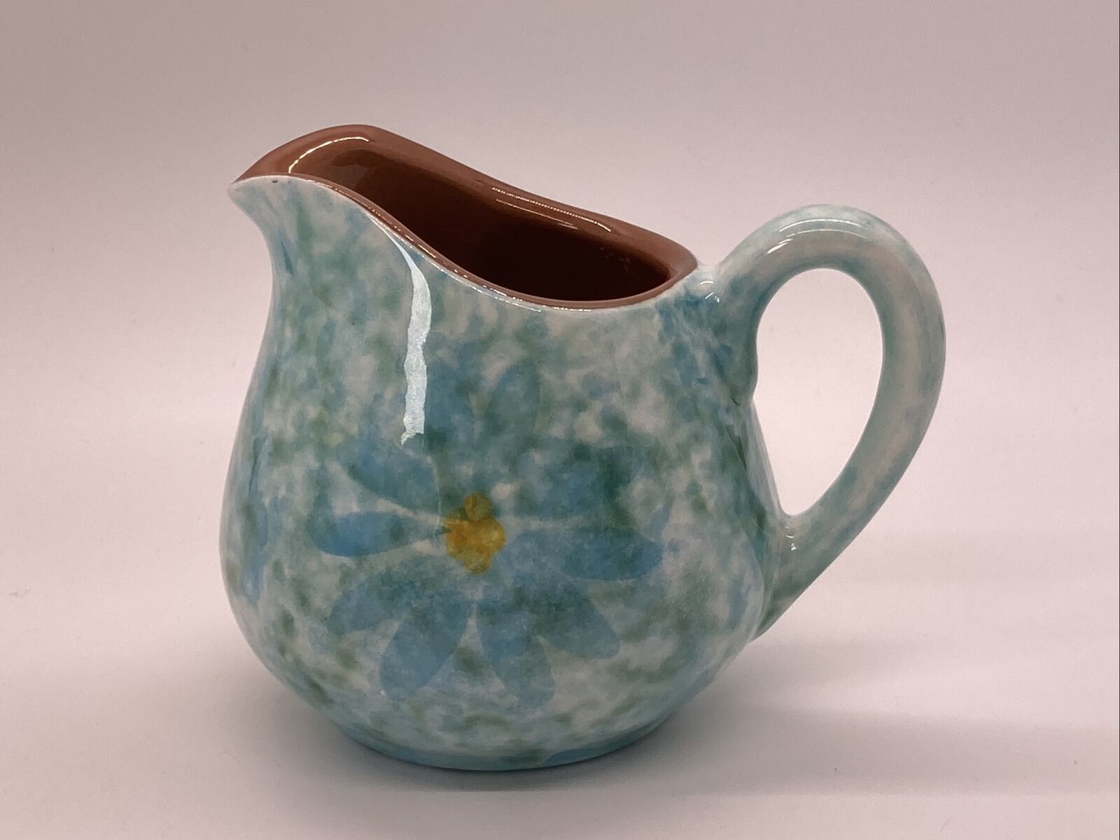 Vtg Stangl Pottery Creamer Blue Sponge Painted W/flower Brown Glaze Inside 4x3.5