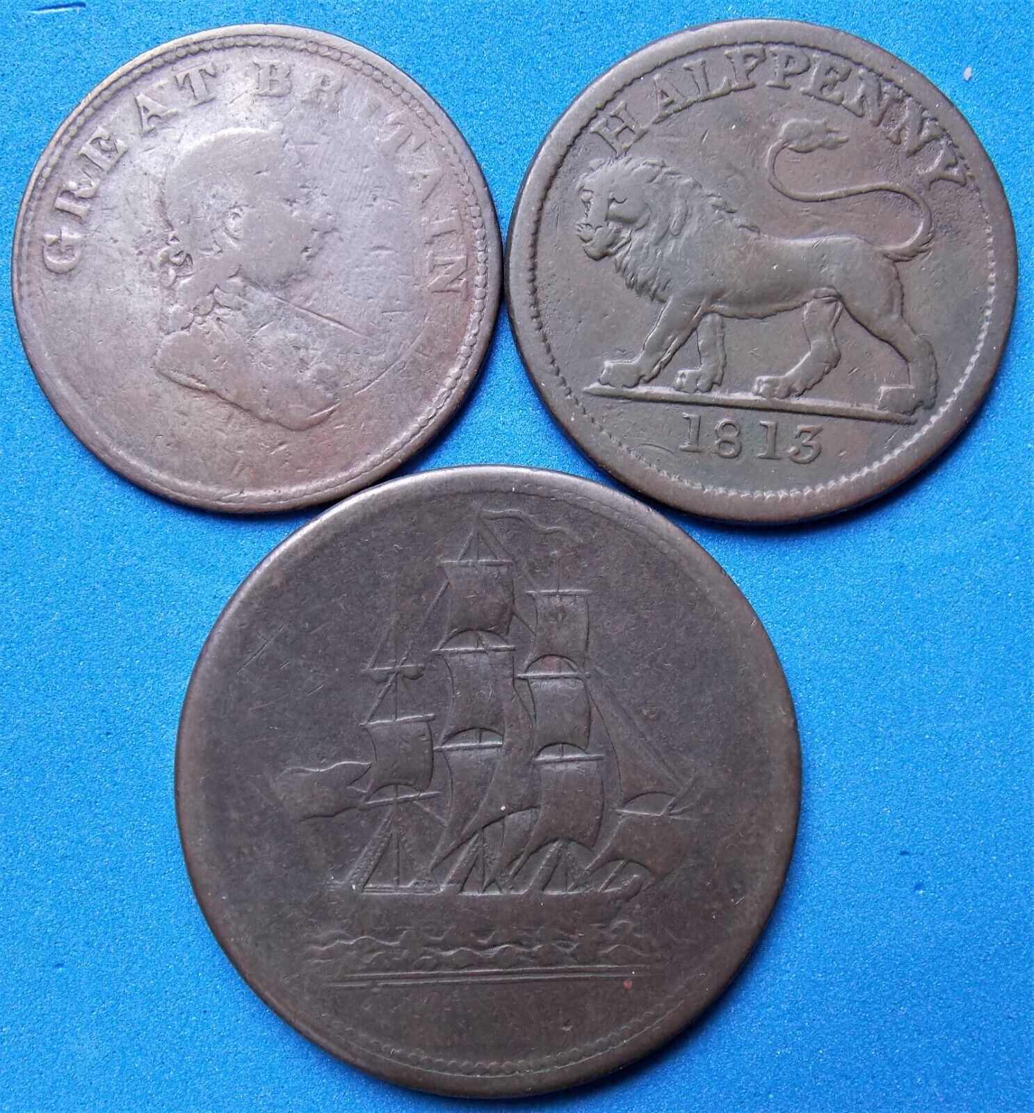Uk Great Britain British Tokens Lot Of 3 1813 1814 Half Pennies  1 Large 1 Penny