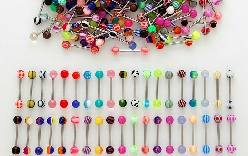 100 Pc Pack Acrylic Tongue Rings Mixed Designs And Colors 14g 5/8"