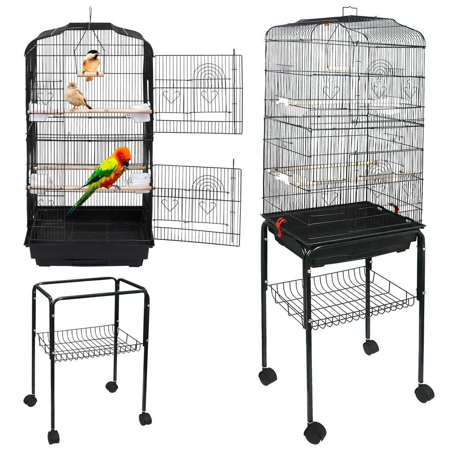 59''h Rooling Bird Cage Cockatiel Parakeet Finch Canary Home With Stand & Tray